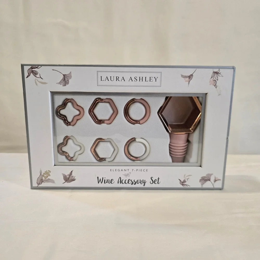 Laura Ashley‎ Elegant 7 Piece Wine Accessory Set Bottle Topper Geo Golden Accent